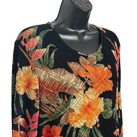 VINTAGE 90s Y2K CHICOS DESIGN BLACK KNIT TOP SHIRT COLORFUL FLORAL BOHO SIZE 1 M - Picture 2 of 6